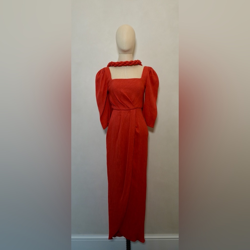 Johanna Ortiz Square-Neck Midi Dress with Statement Sleeves